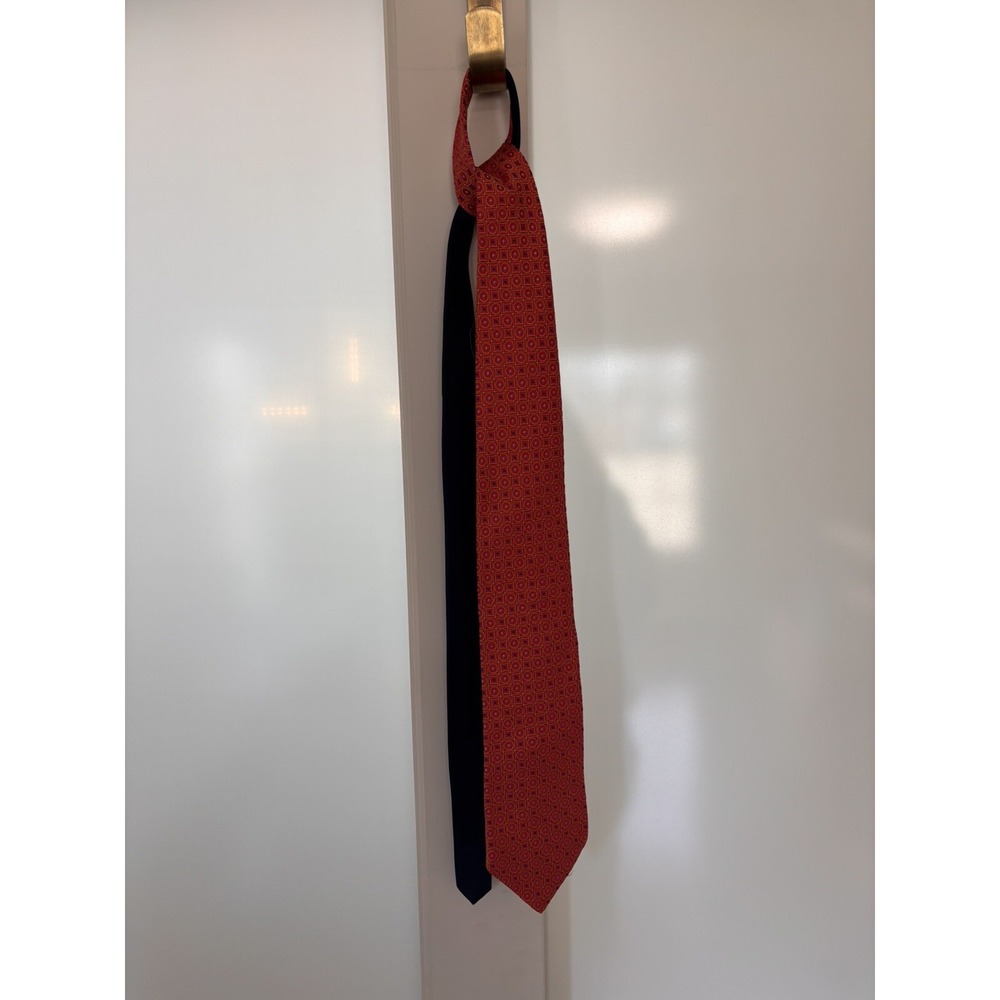 Tommy Hilfiger Silk Tie Orange & Navy With White & Navy Geometric Print - Picture 3 of 5